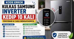 Ilustrasi kode error kulkas Samsung inverter kedip 10 kali beserta penyebab dan cara mengatasinya.