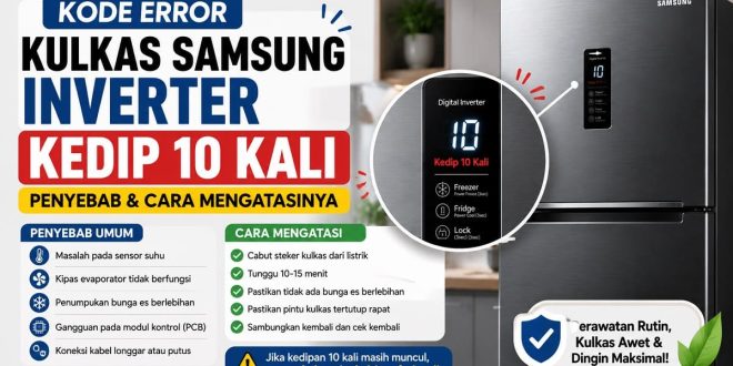 Ilustrasi kode error kulkas Samsung inverter kedip 10 kali beserta penyebab dan cara mengatasinya.