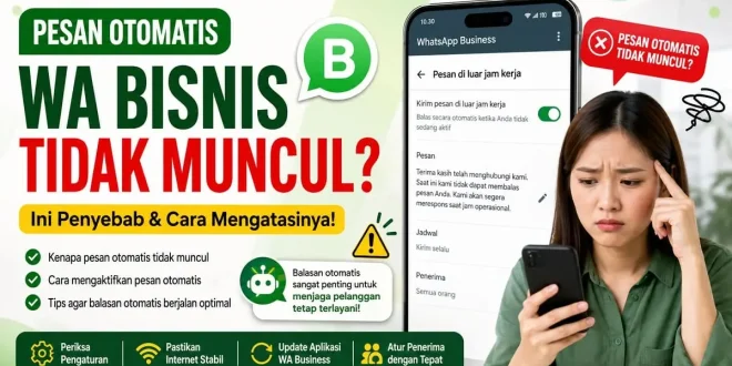 Ilustrasi pesan otomatis WA Bisnis tidak muncul beserta penyebab dan cara mengatasi agar balasan otomatis kembali berfungsi.