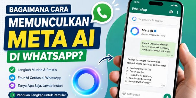 Ilustrasi cara memunculkan Meta AI di WhatsApp menggunakan aplikasi versi terbaru di Android dan iPhone.