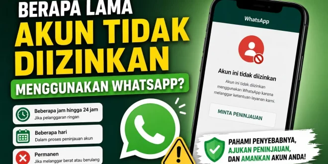 Ilustrasi akun WhatsApp tidak diizinkan menggunakan WhatsApp beserta informasi durasi pemblokiran dan cara mengajukan peninjauan akun.