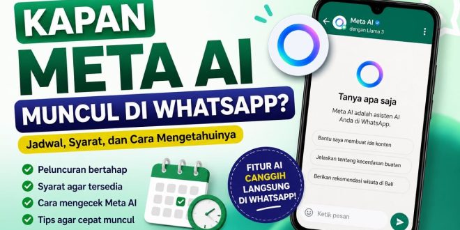 Ilustrasi kapan Meta AI muncul di WhatsApp beserta jadwal peluncuran, syarat, dan cara mengecek apakah fitur Meta AI sudah tersedia.