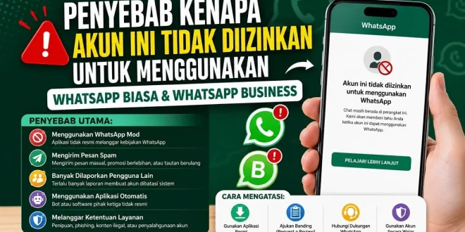Ilustrasi penyebab akun ini tidak diizinkan untuk menggunakan WhatsApp biasa dan WhatsApp Business beserta cara mengatasinya.