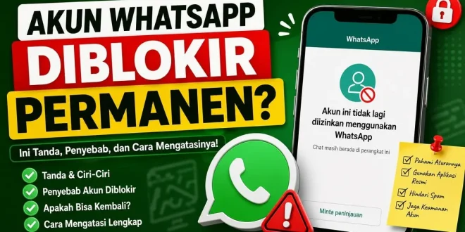 Ilustrasi akun WhatsApp diblokir permanen beserta tanda, penyebab, dan cara mengatasi agar akun dapat dipulihkan.