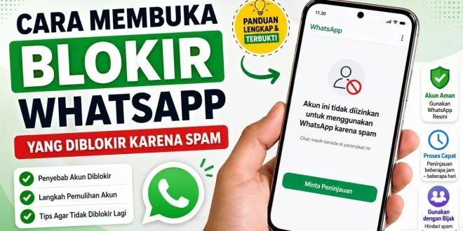 Ilustrasi cara membuka blokir WhatsApp yang diblokir karena spam menggunakan fitur Minta Peninjauan pada aplikasi WhatsApp resmi.