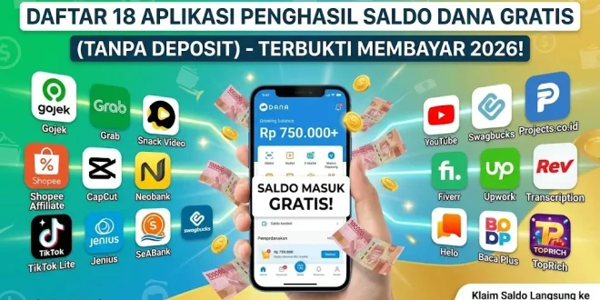 Tampilan aplikasi DANA di smartphone beserta ikon 18 aplikasi penghasil saldo DANA gratis tanpa deposit