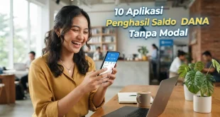 Wanita tersenyum memegang smartphone melihat dompet digital untuk rekomendasi 10 aplikasi penghasil saldo DANA tanpa modal
