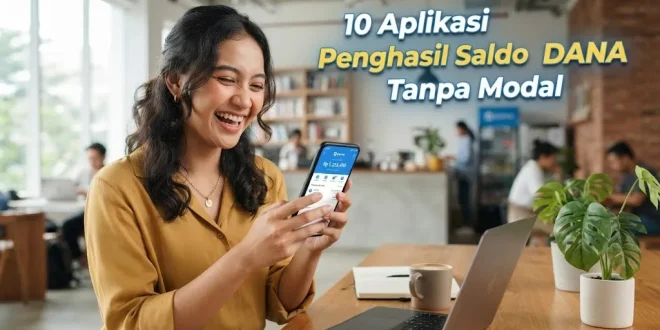 Wanita tersenyum memegang smartphone melihat dompet digital untuk rekomendasi 10 aplikasi penghasil saldo DANA tanpa modal