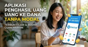 Wanita tersenyum memegang smartphone yang menampilkan saldo DANA dan koin reward
