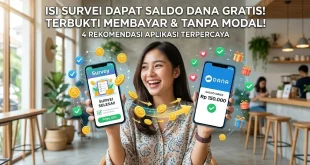 Wanita menunjukkan smartphone berisikan aplikasi isi survei dibayar ke DANA dengan penarikan saldo DANA berhasil