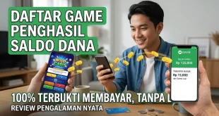 Ilustrasi pengguna bermain game di smartphone dan mendapatkan pencairan saldo DANA gratis tanpa deposit