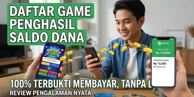 Ilustrasi pengguna bermain game di smartphone dan mendapatkan pencairan saldo DANA gratis tanpa deposit