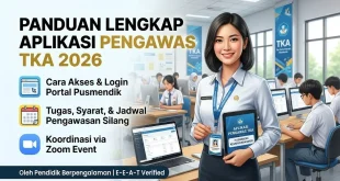 Ilustrasi panduan Aplikasi Pengawas TKA 2026 Kemendikdasmen di laboratorium komputer sekolah beserta alur login, jadwal pengawasan silang, dan koordinasi Zoom Event.