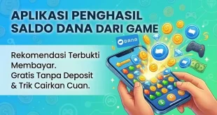 Tangan memegang smartphone bermain game puzzle yang mengeluarkan koin emas dan logo saldo DANA gratis tanpa deposit.