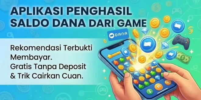 Tangan memegang smartphone bermain game puzzle yang mengeluarkan koin emas dan logo saldo DANA gratis tanpa deposit.