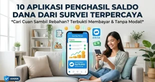 Wanita Indonesia sedang bersantai di sofa mengisi survei online lewat smartphone untuk menghasilkan saldo DANA gratis tanpa modal.