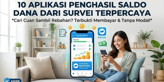 Wanita Indonesia sedang bersantai di sofa mengisi survei online lewat smartphone untuk menghasilkan saldo DANA gratis tanpa modal.