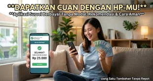 Wanita tersenyum memegang smartphone yang menampilkan saldo aplikasi survei berbayar tanpa modal bertambah.