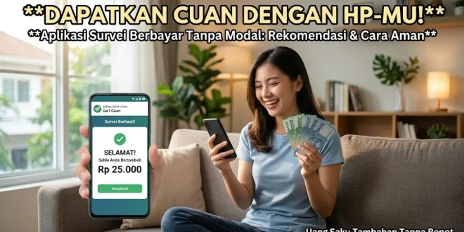 Wanita tersenyum memegang smartphone yang menampilkan saldo aplikasi survei berbayar tanpa modal bertambah.