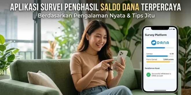 Wanita tersenyum sambil memegang smartphone menampilkan aplikasi survei penghasil saldo DANA terpercaya.