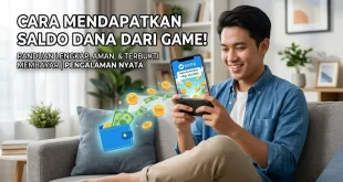 Ilustrasi seorang pria tersenyum melihat smartphone dengan efek koin digital, merepresentasikan cara mendapatkan saldo DANA dari game secara gratis dan aman.