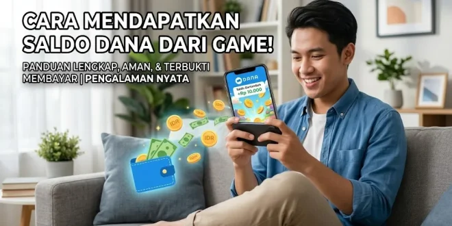Ilustrasi seorang pria tersenyum melihat smartphone dengan efek koin digital, merepresentasikan cara mendapatkan saldo DANA dari game secara gratis dan aman.