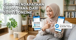 Seorang wanita tersenyum memperlihatkan aplikasi survei online dan bukti pencairan saldo DANA di smartphone