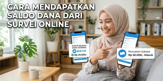 Seorang wanita tersenyum memperlihatkan aplikasi survei online dan bukti pencairan saldo DANA di smartphone