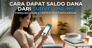 Seorang wanita sedang mengisi survei online menggunakan smartphone di rumah untuk mendapatkan saldo DANA gratis.