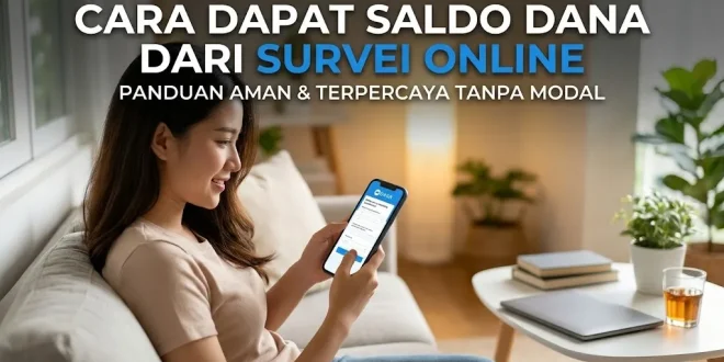 Seorang wanita sedang mengisi survei online menggunakan smartphone di rumah untuk mendapatkan saldo DANA gratis.