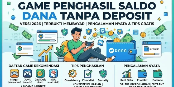 Infografis game penghasil saldo DANA tanpa deposit terbukti membayar beserta rekomendasi aplikasi Mager, Joyit, JadiDuit, dan ISUL.