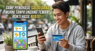 Seorang pria memainkan game penghasil saldo DANA tanpa undang teman di smartphone sembari bersantai di kafe.