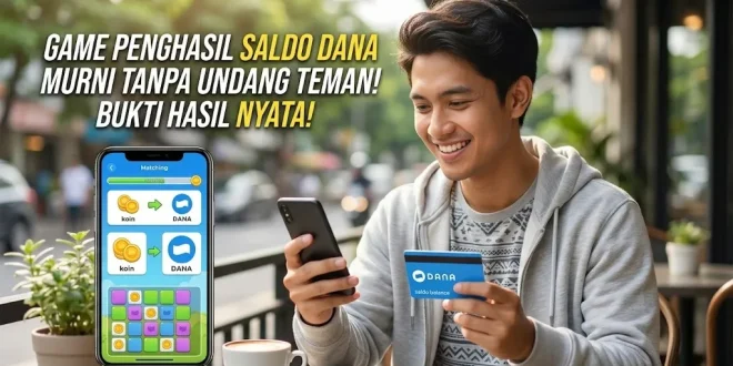 Seorang pria memainkan game penghasil saldo DANA tanpa undang teman di smartphone sembari bersantai di kafe.