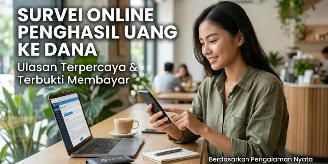 Wanita tersenyum mengisi survei online penghasil uang ke DANA melalui laptop dan smartphone di kafe.